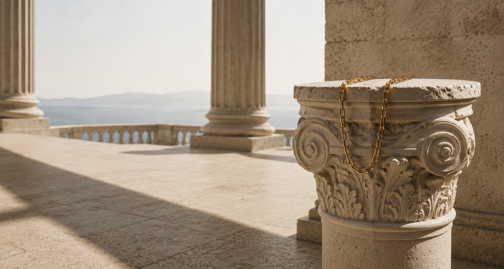 A close-up of an ornate beige stone column capital with a gold chain draped over it, set on a sunlit stone terrace with classical columns and a distant sea view.